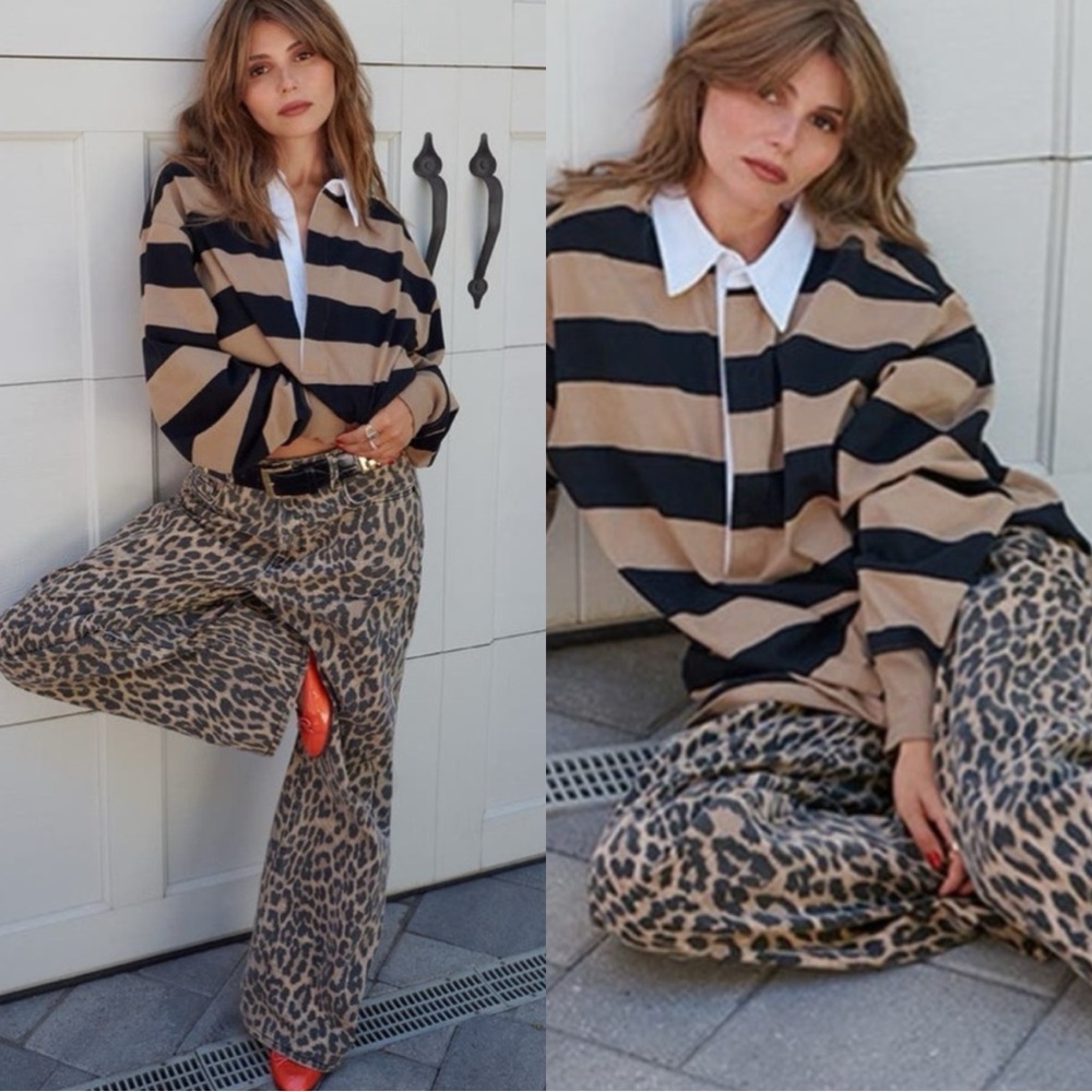 GOOD AMERICAN Good Ease Leopard Cheetah High Rise Wide Leg Jeans - Picture 3 of 10